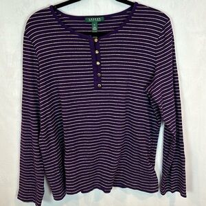 Lauren Ralph Lauren Women's purple & gold striped button long sleeve tee size XL